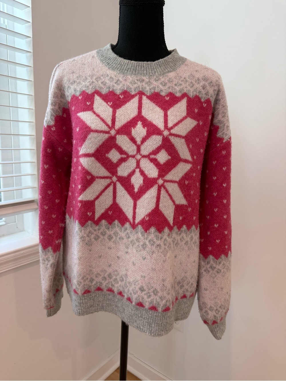 LOFT Pink and Gray Nordic Snowflake Crewneck Sweater